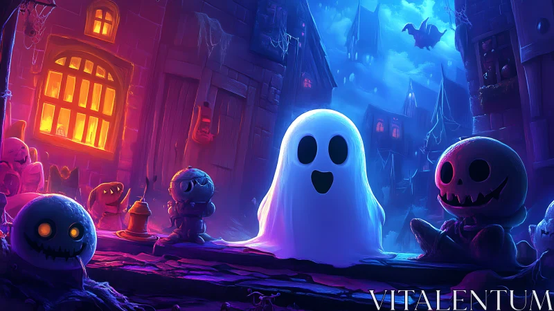 Smiling ghost glows between carved figures on spooky street