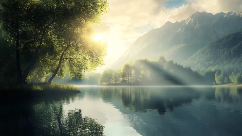 Sunlit mountain lake reflects misty forest and trees