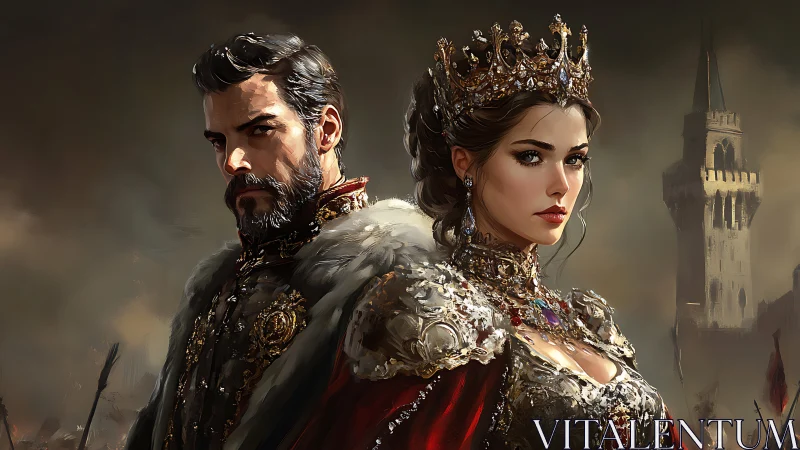 Regal royal couple in jeweled coronation attire before fortress