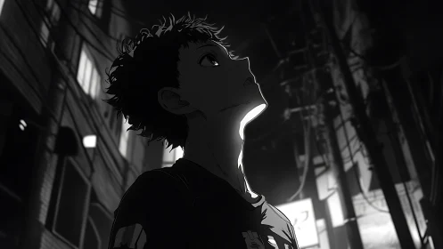 Youth profile under streetlights in monochrome alleyway scene.