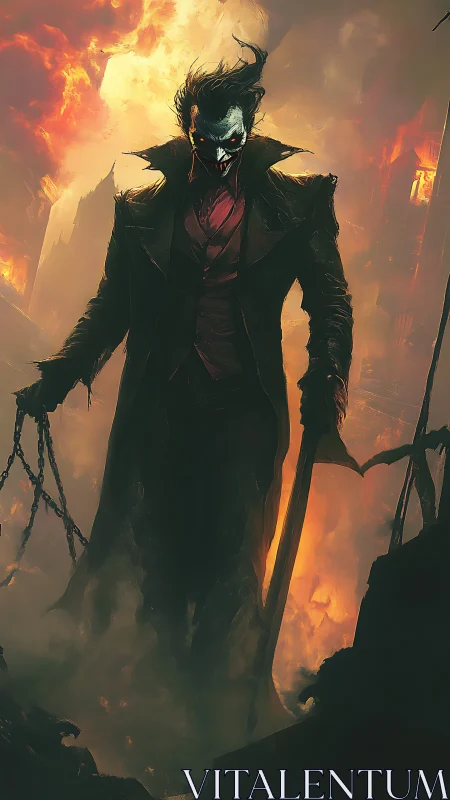 Mysterious trickster walks through firelit ruins at dusk.