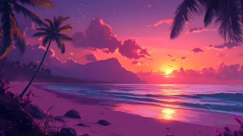 Neon gradient tropical shoreline at sunset with silhouetted palms