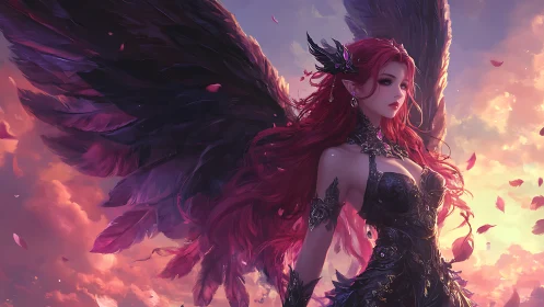 Twilight winged sorceress rising through rose-gold skies.