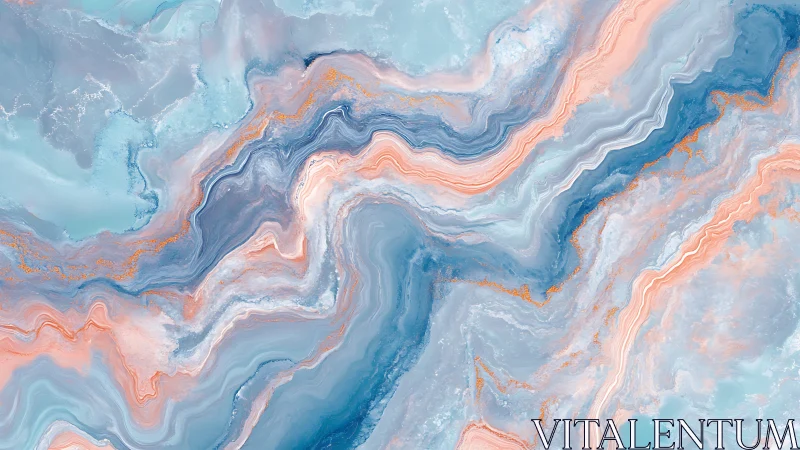 Fluid marble abstraction in blue coral pastel tones.