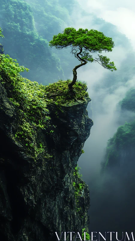 Solitary bonsai atop misty cliff in lush mountain gorge.
