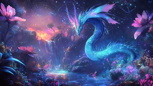 Luminescent river dragon in bioluminescent fantasy grove.