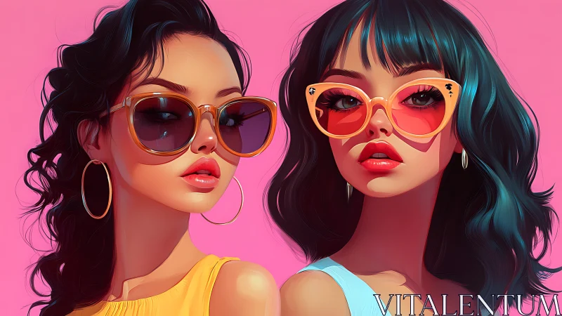 Stylish girls in retro sunglasses against bold pink backdrop.