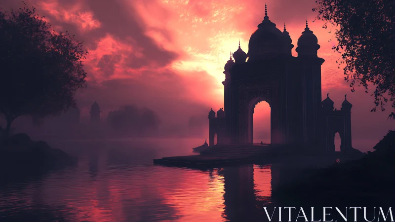 Silhouetted riverside palace under vivid red sunset sky.