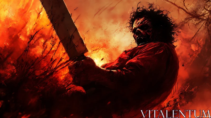 Masked chainsaw wielder in infernal red-orange firestorm