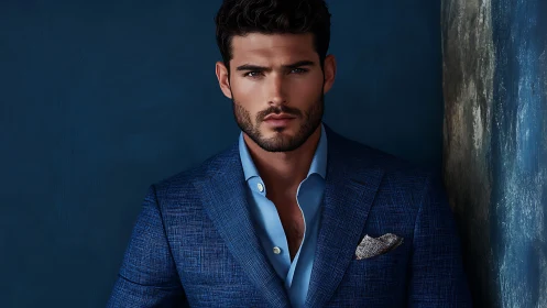 Textured blue tailoring portrait with controlled studio lighting.