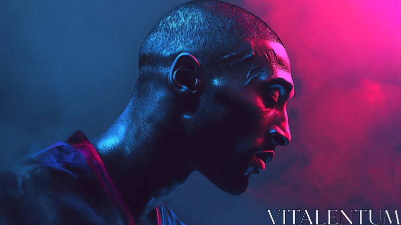 Male athlete profile rendered in neon blue and magenta light