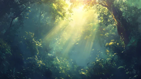 Sunlit forest canopy opens into a tranquil emerald sanctuary