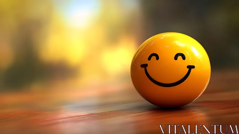 Smiling yellow sphere on wooden surface in warm bokeh light.