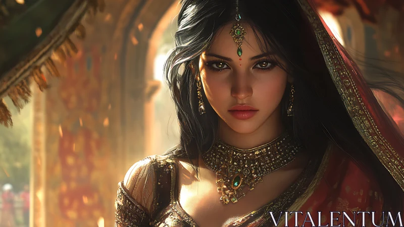 Digital portrait of woman in ornate attire and jewelry.