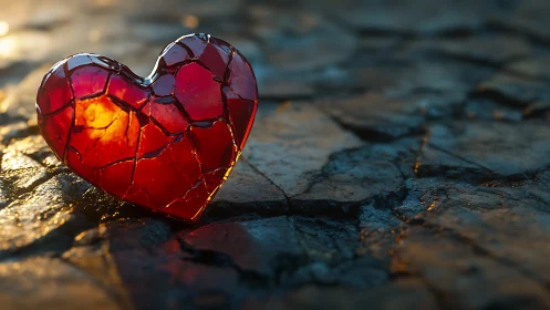Fractured Red Heart Glows on Ancient Stone Surface.
