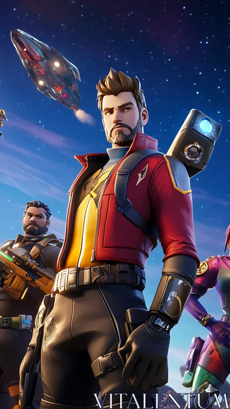 Stylized sci fi heroes under starry sky with ship overhead.