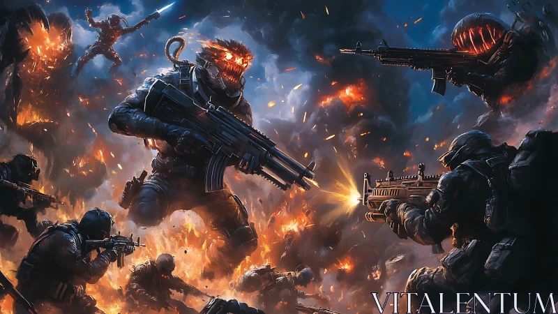 Heavily armed soldiers battling monstrous aliens in firestorm