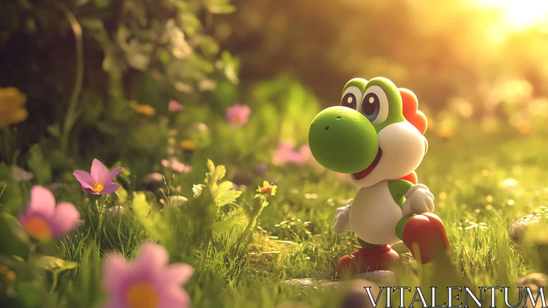 Yoshi character stands in sunlit meadow among flowers
