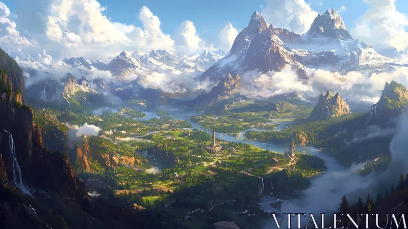 Sunlit fantasy valley cradled by soaring snowy peaks.