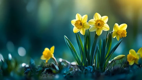 Spring daffodils emerge from misty ground with golden blooms