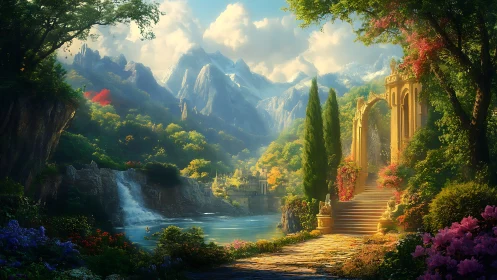 Terraced riverside garden with mountains and stone archway.