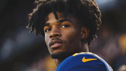 Stadium-lit football portrait with focused sidelong gaze.