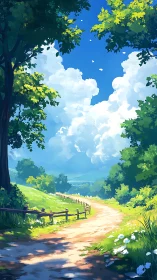 Sunny country dirt path winding through bright green hills.