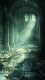 Volumetric light in ruined gothic nave with mossy stone floor