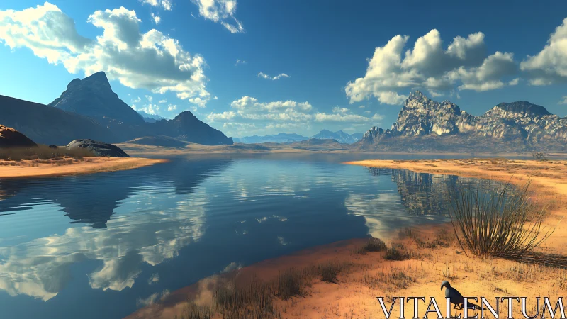 Desert lake mirror under wandering clouds and watchful bird.