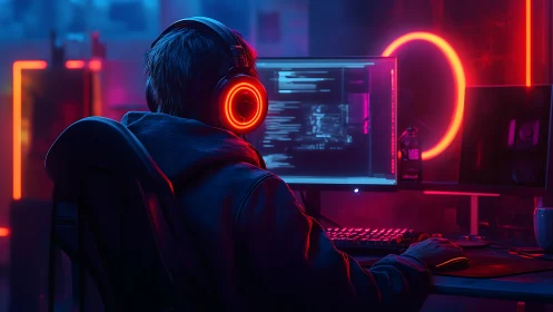 Focused coder works by neon glow in a futuristic gaming studio