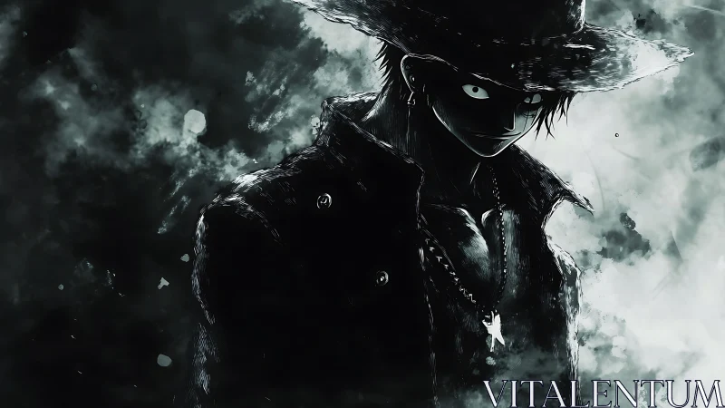 Shadowed anime gunslinger emerges from monochrome storm field