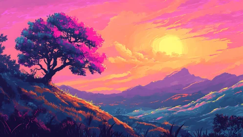 Solitary hillside tree under saturated sunset sky.