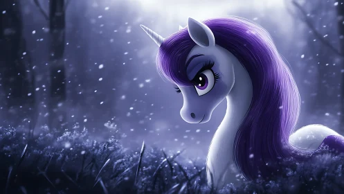 Purple-maned unicorn in snowy forest at nightfall.
