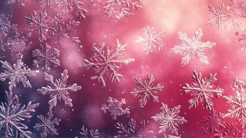 Glittering pink snowflakes drifting through winter light.