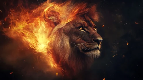 Fiery lion portrait in dramatic ember-infused profile lighting.