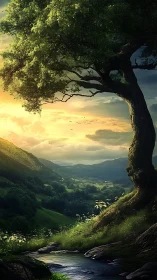 Golden hour valley under a watchful hillside tree.