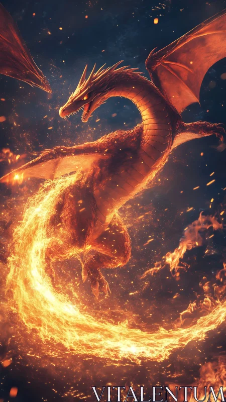 Volumetric-lit fire dragon arcs a plasma flame trail mid-flight