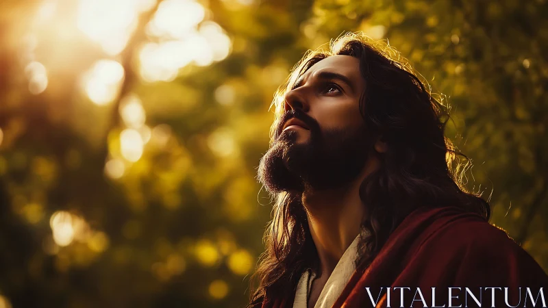 Photorealistic devout portrait in golden forest backlighting.