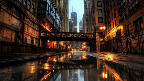 Rainwashed alleyway mirrors a neon-kissed steel skyline.