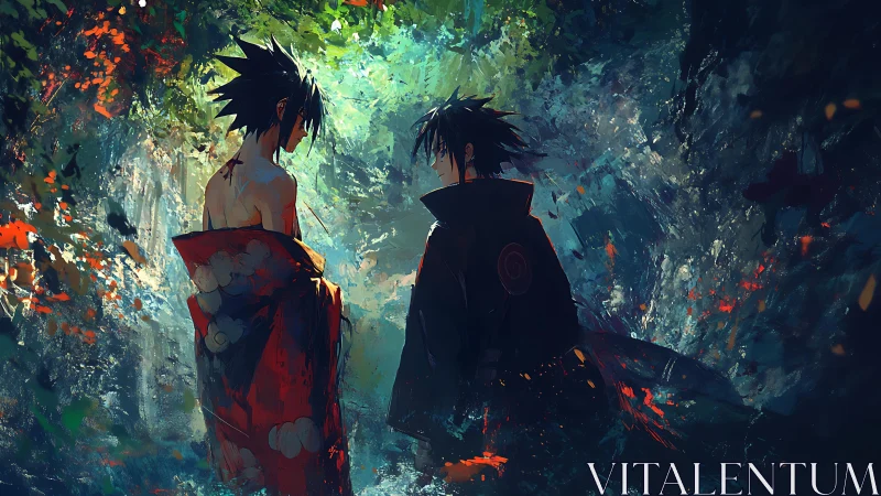 Quiet anime forest meeting wrapped in swirling color and light.