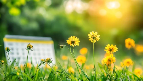Yellow flowers in lawn with calendar visible in soft focus background
