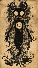 Horned shadow spirit drifts amid chaotic ink swirls.