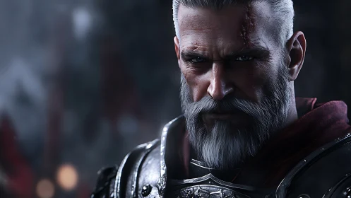 Grey bearded armored warrior portrait in low key lighting.