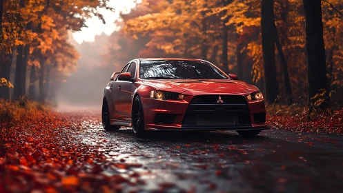 Crimson sports car cruising through a misty autumn forest road.
