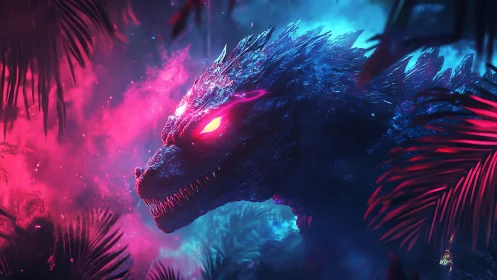 Neon kaiju profile under bioluminescent jungle haze.