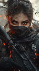 Fierce masked warrior holds her rifle in glowing embers