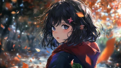 Autumn leaves swirl around wistful girl in red cloak.