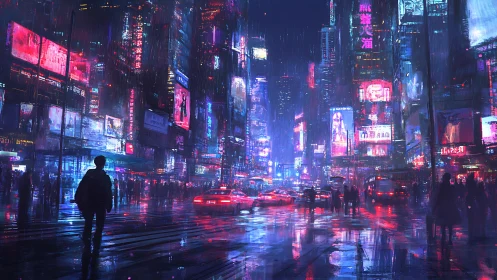 Neon soaked city streets glow softly in a rainy cyber night