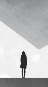 Silhouette of woman under large concrete overhang.