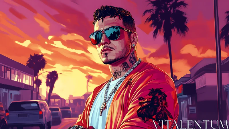 Sunset city swagger with tattooed street icon in neon hues.